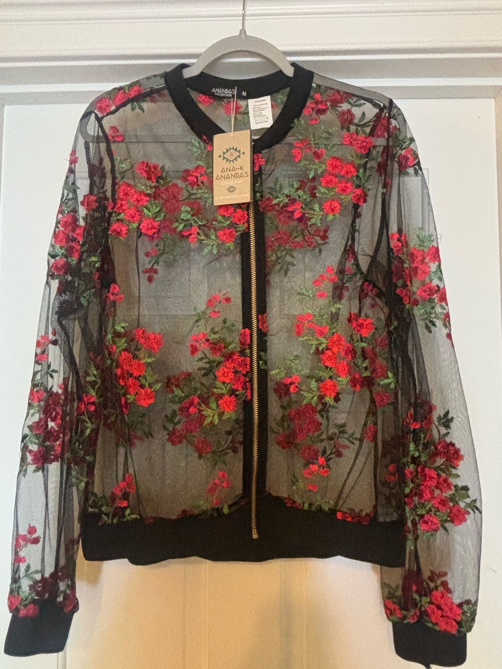 Anandas Collection Ana-K Sheer Floral Embroidered Bomber Jacket M NWT